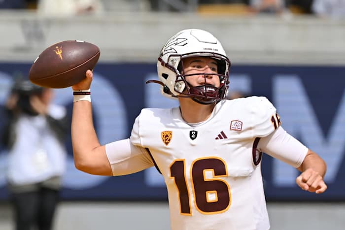 ep 30, 2023; Berkeley, California, USA; Arizona State Sun Devils quarterback Trenton Bourguet (16) prepares to throw against the California Golden Bears during the second quarter at California Memorial Stadium. Mandatory Credit: Robert Edwards-USA TODAY Sports